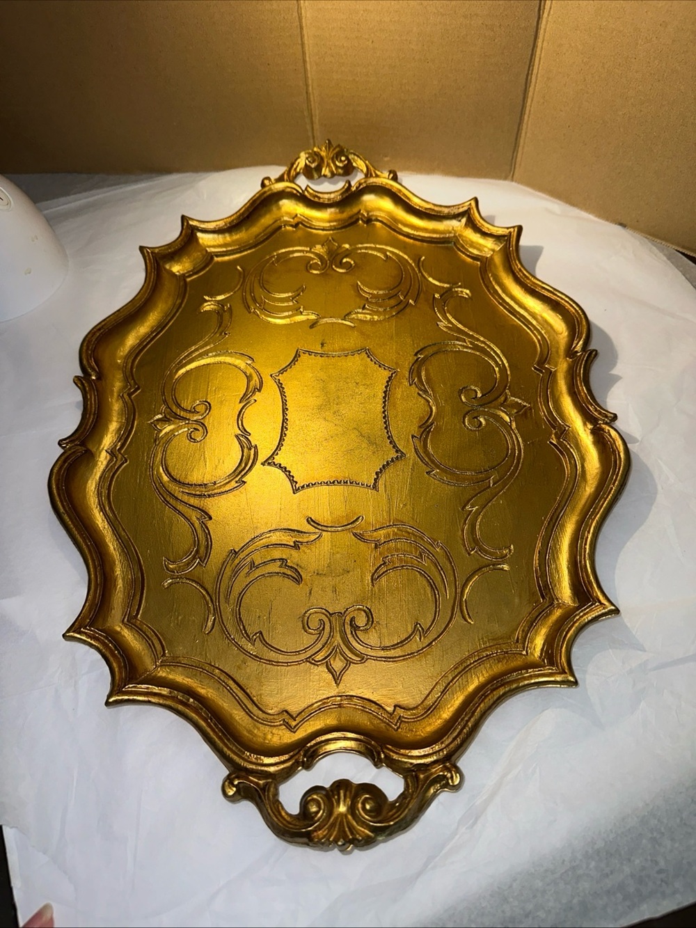 Italian Florentine plastic oval Gold Serving Tray with Ornate Scrollwork